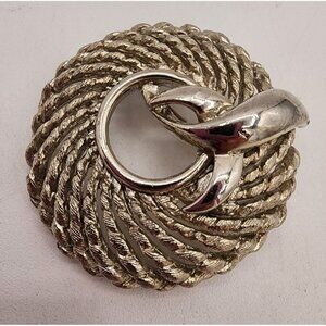 Vintage Silver Tone Swirl Rope Circle Brooch Pin MCM Holiday Retro
